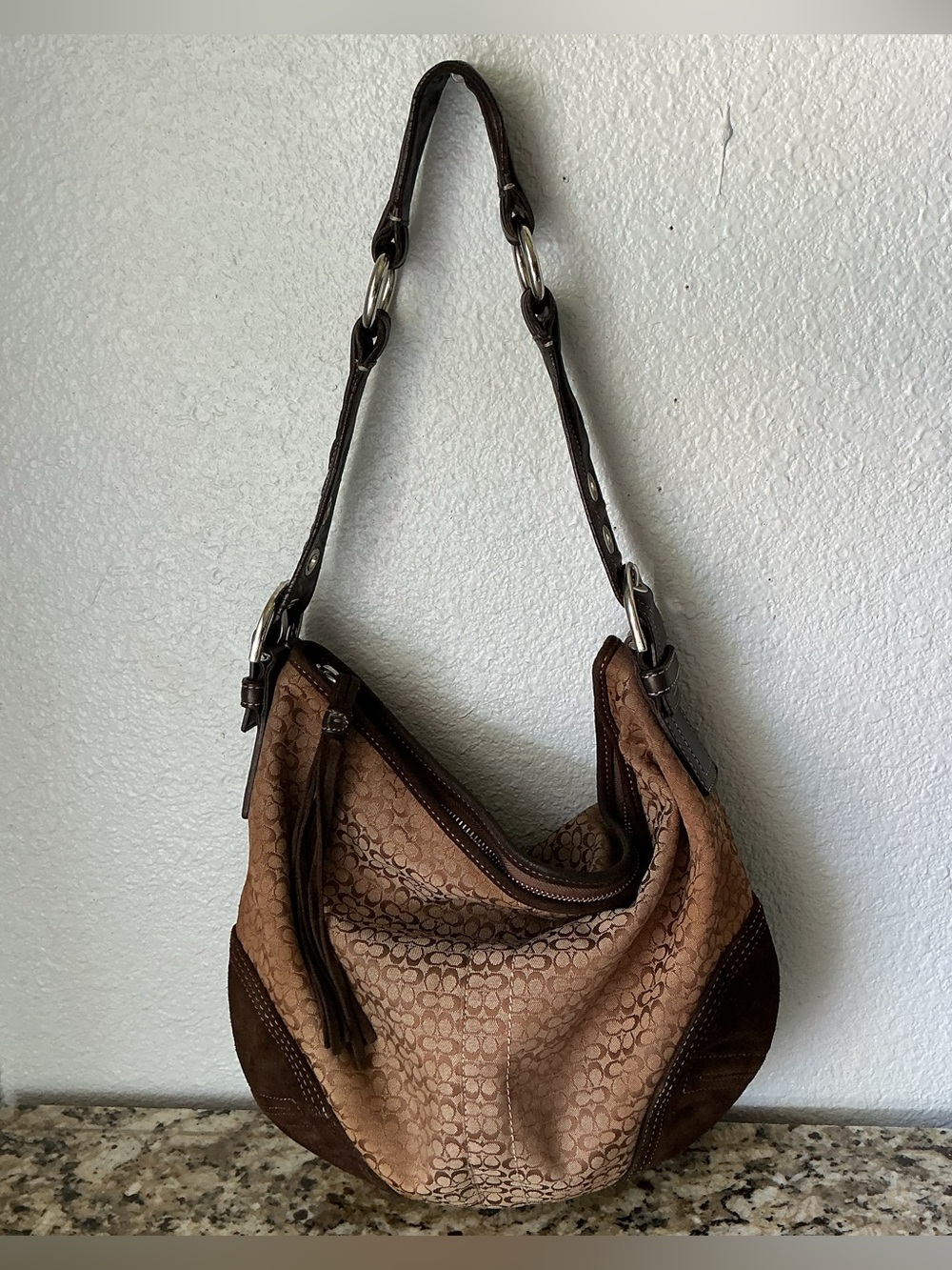 Coach Vintage Signature Brown Suede Hobo Shoulder Bag